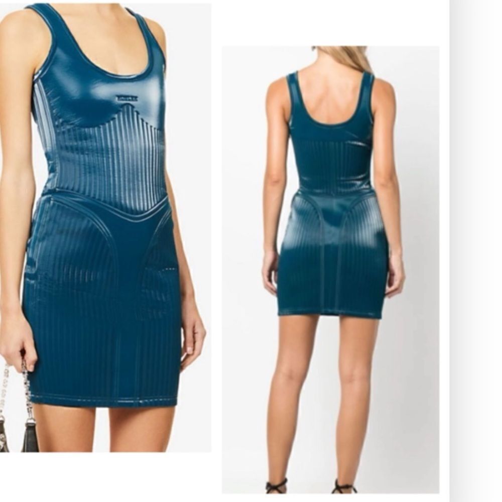 MUGLER Sleeveless debossed-shell mini dress Blue/Green Size 8 $950